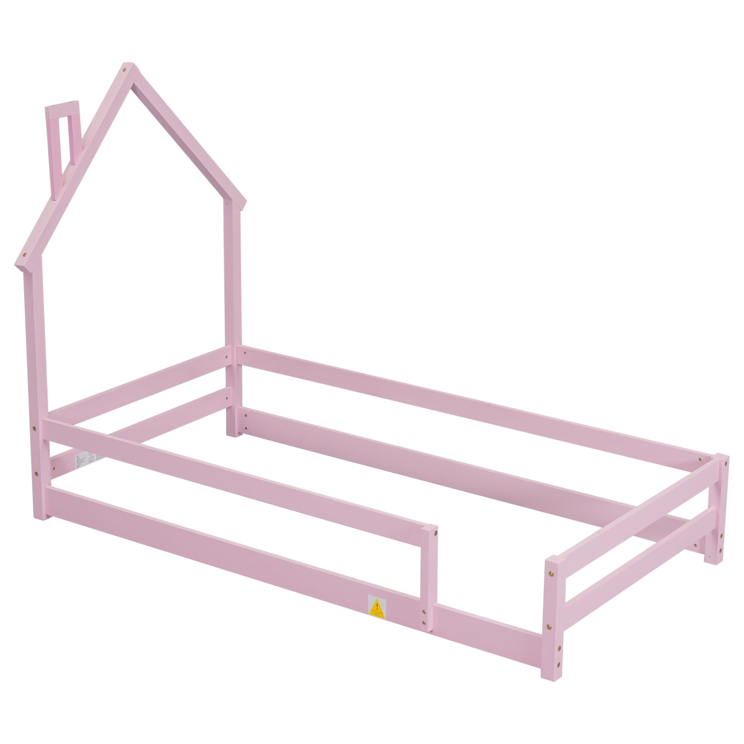 Twin Size Wood bed with House-shaped Headboard Floor bed with Fences,Pink