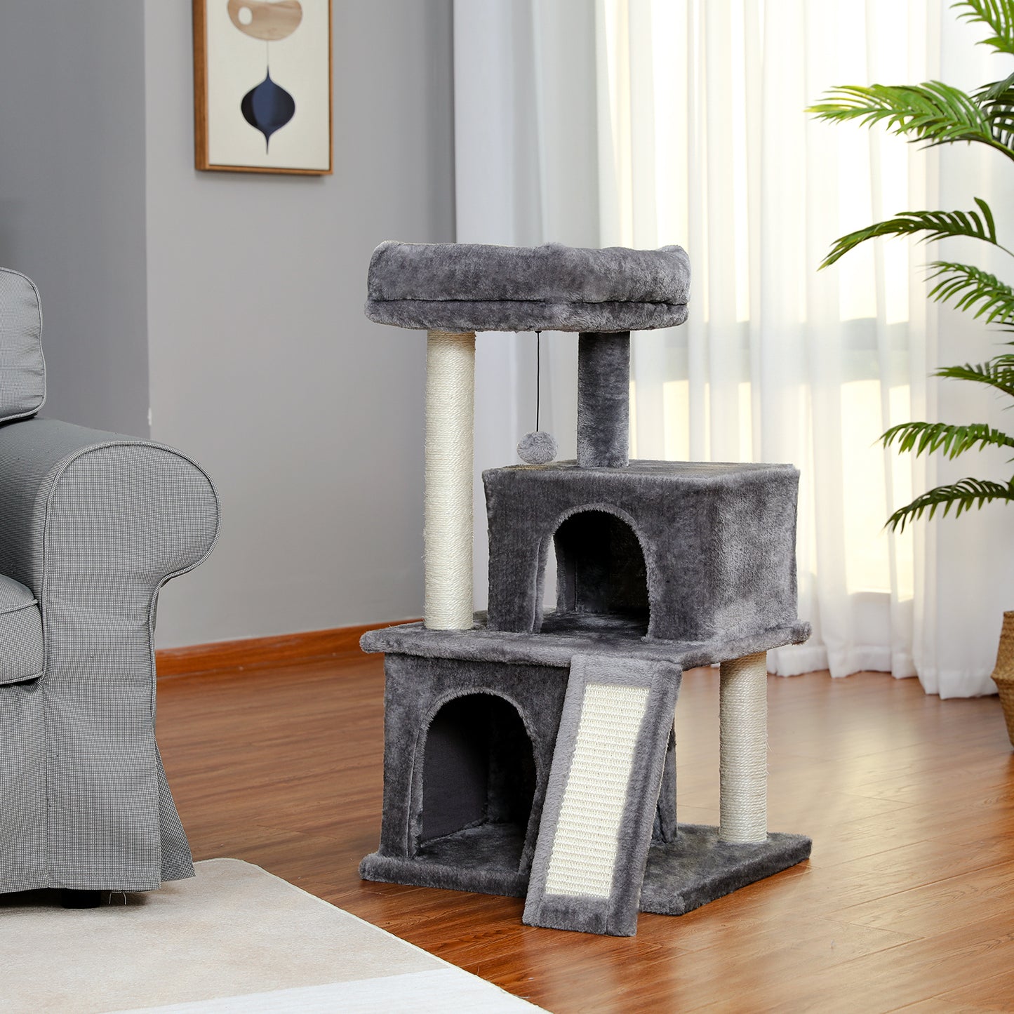 Cat Tree Luxury 34 Inches Cat Tower with Double Condos, Spacious Perch, Fully Wrapped Scratching Sisal Posts and Replaceable Dangling Balls Gray