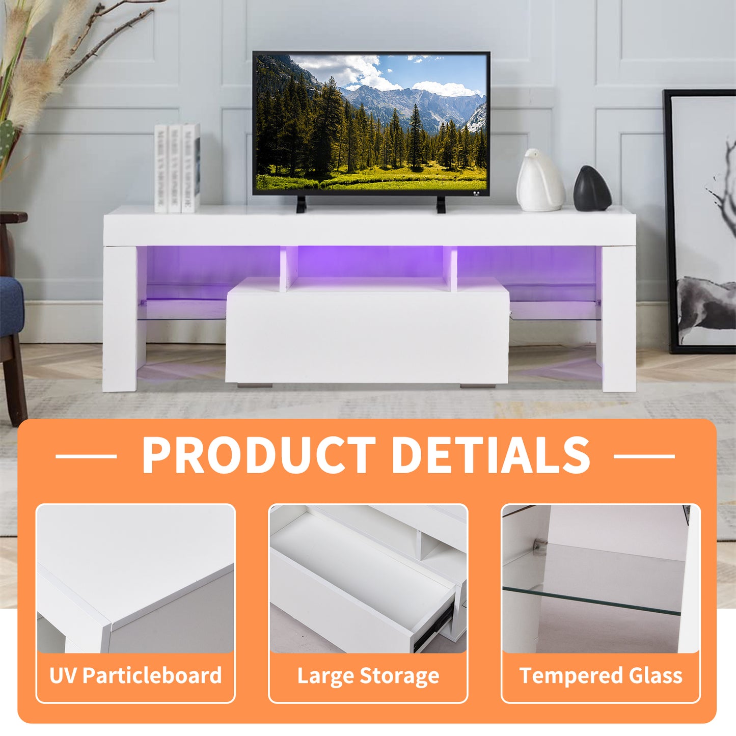 43-Inch White LED TV Stand with Color-Changing Lights and Spacious Storage