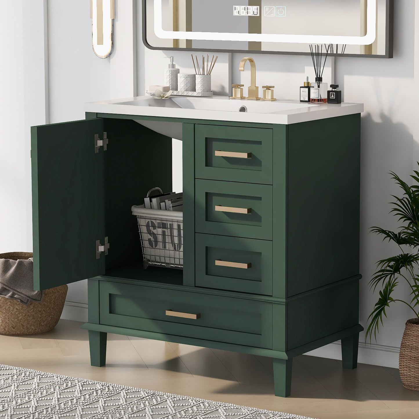 30" Bathroom Vanity in Green, Modern Bathroom Cabinet with Sink Combo Set, Bathroom Storage Cabinet with a Soft Closing Door and 3 Drawers, Solid Wood Frame