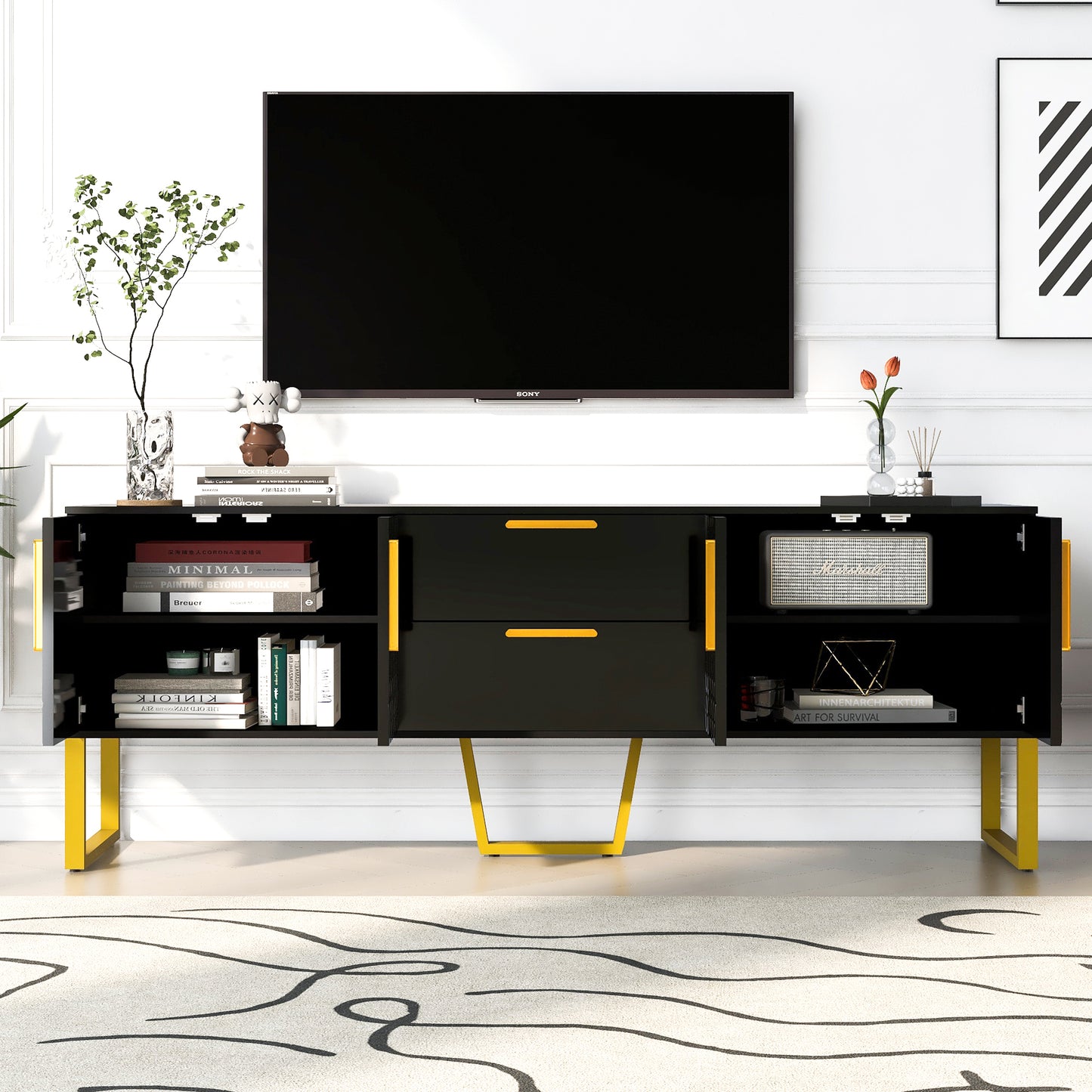 Elegant Black Wood TV Stand with Ample Storage Space for TVs up to 75 Inches