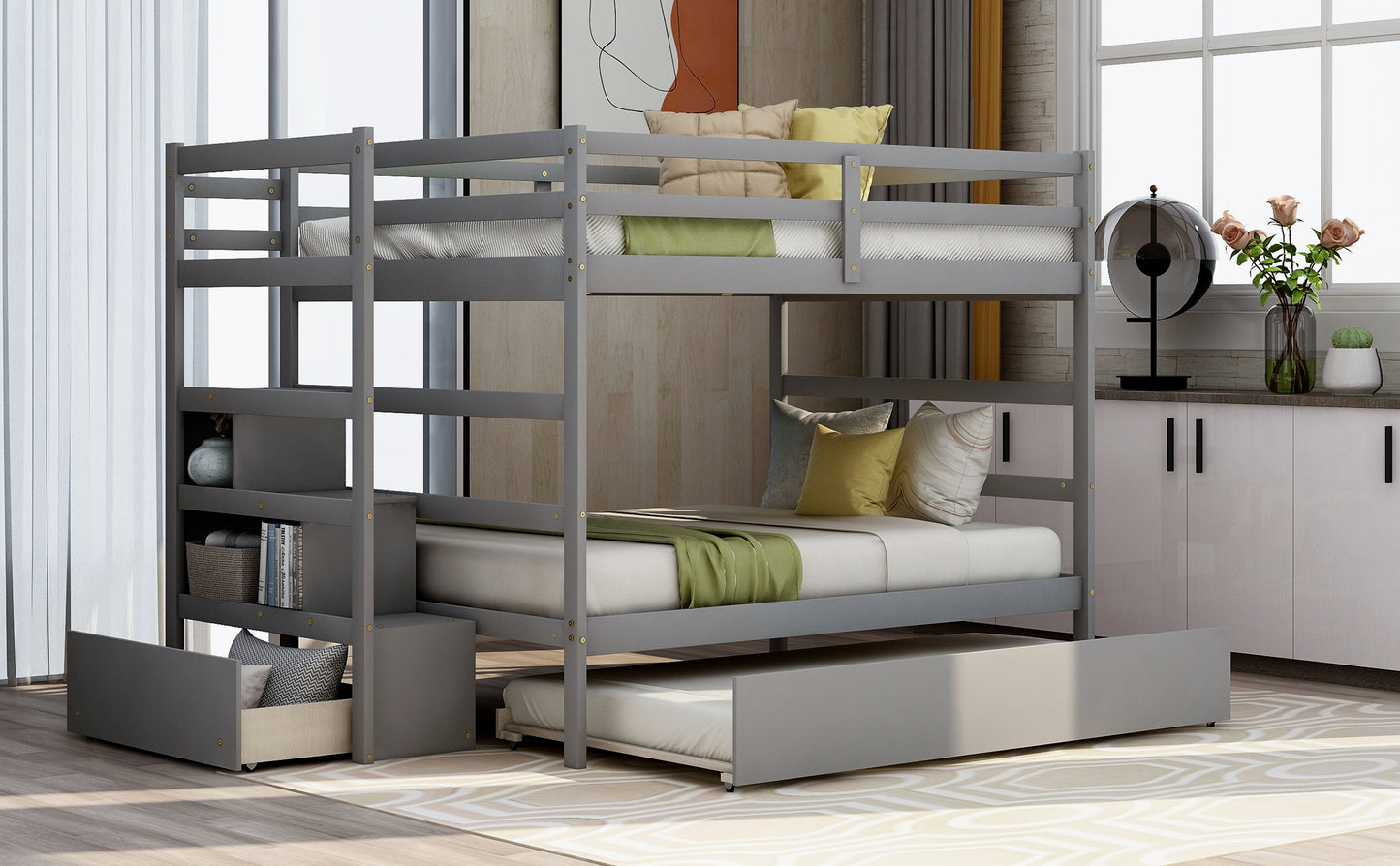 Stairway Full-Over-Full Bunk Bed with Twin Size Trundle and Drawer in Gray