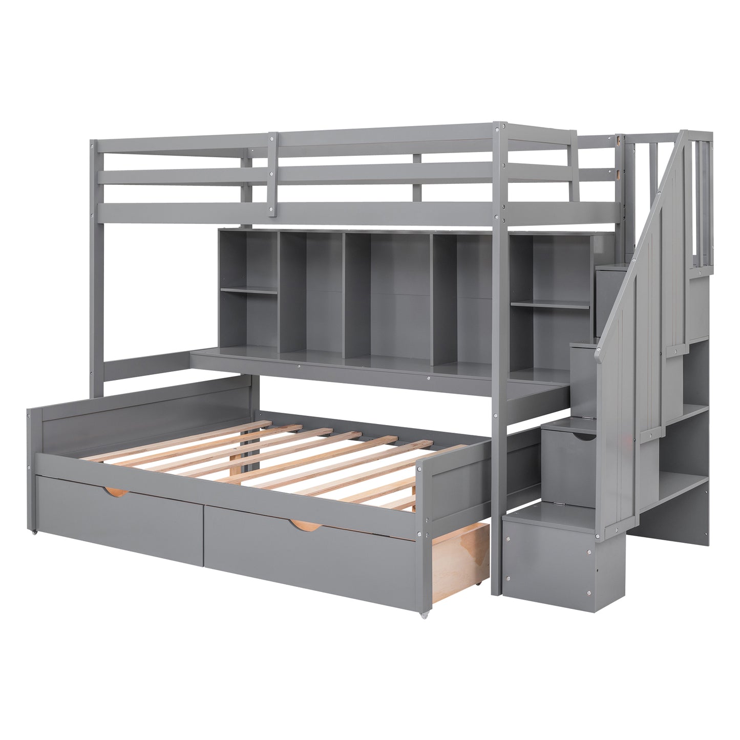 Gray Twin XL over Full Bunk Bed with Study Desk and Storage Solution