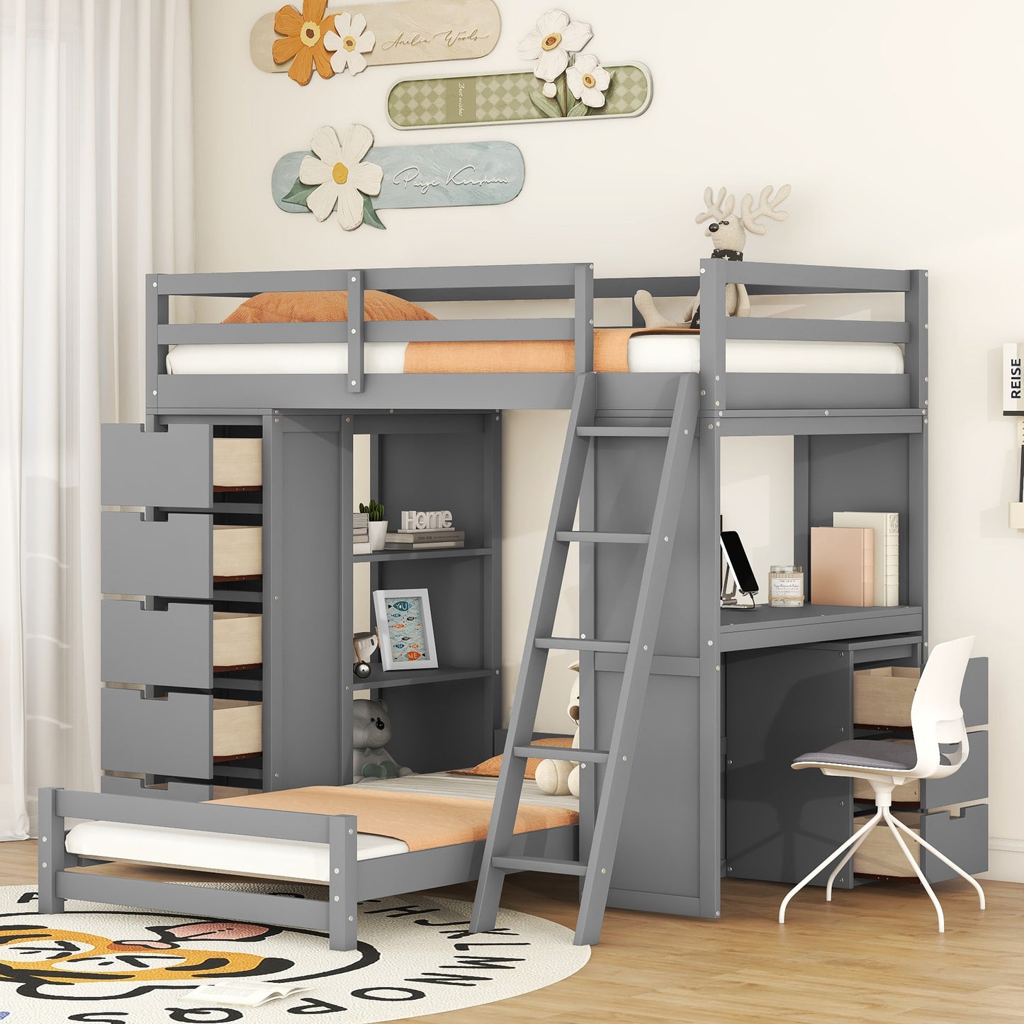 Twin Over Twin Gray Bunk Bed with LED Light, USB Ports, and Storage Space