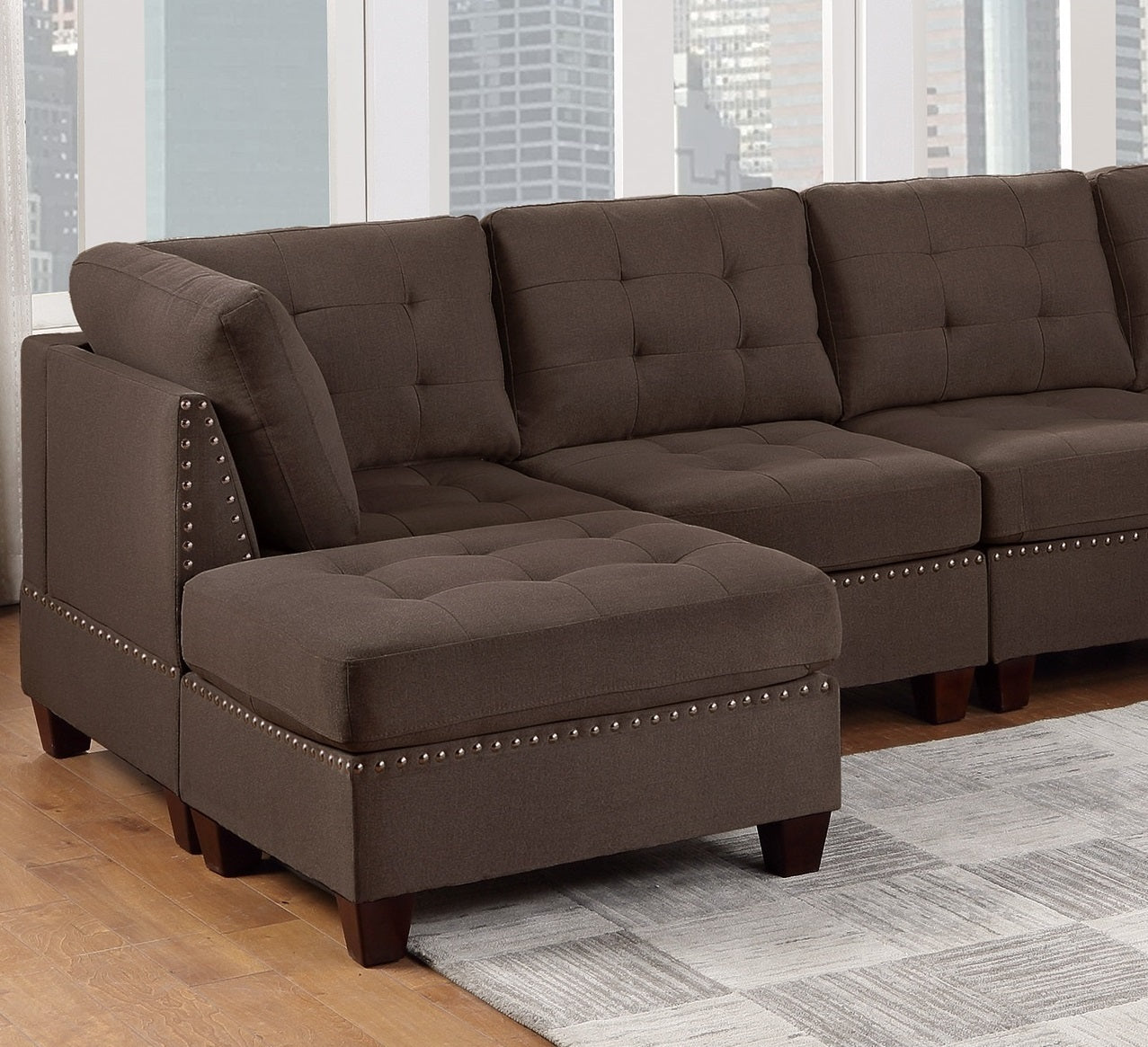 Elegant Black Coffee Modular Sectional Living Room Set with Tufted Nail heads