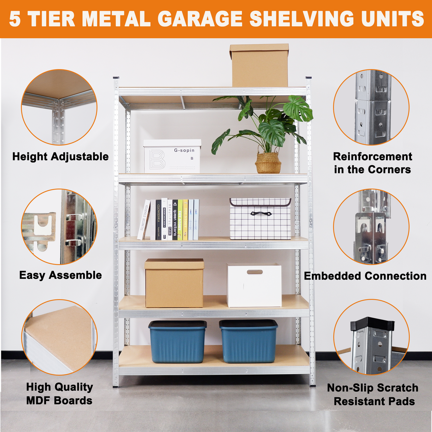 5-Tier Utility Shelves, Metal Storage Shelves Garage Shelving Unit Adjustable Garage Storage Shelves Storage Racks Heavy Duty Shed Shelving- Silver,49.2×23.6×71Inch