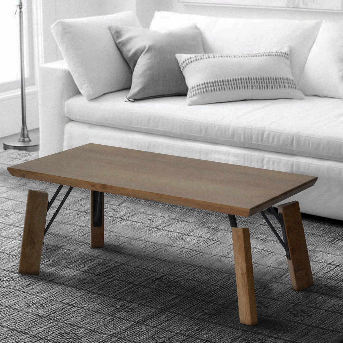 Elegant Rectangular Wooden Coffee Table with Sturdy Block Legs, in Natural Brown