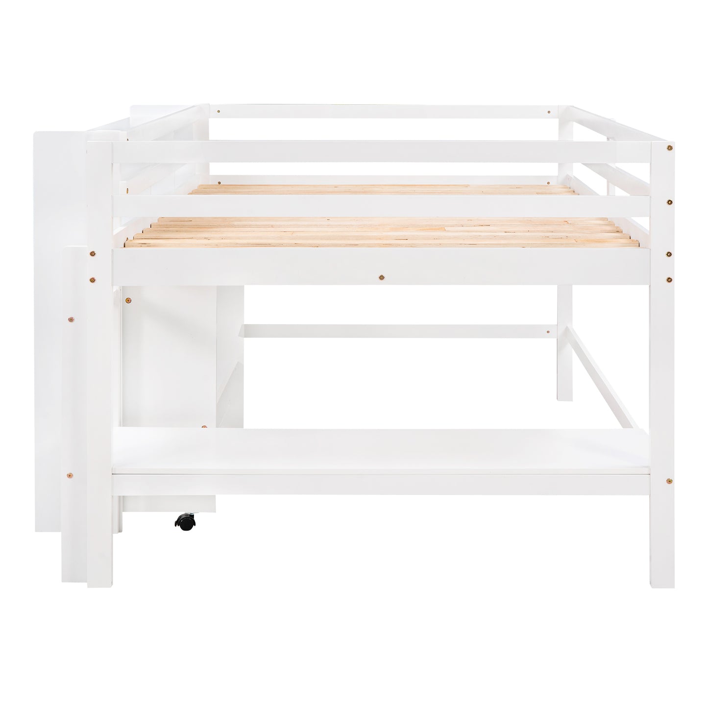 Full Size Low Loft Bed with Rolling Portable Desk, Drawers and Shelves, White(: GX000711AAK)