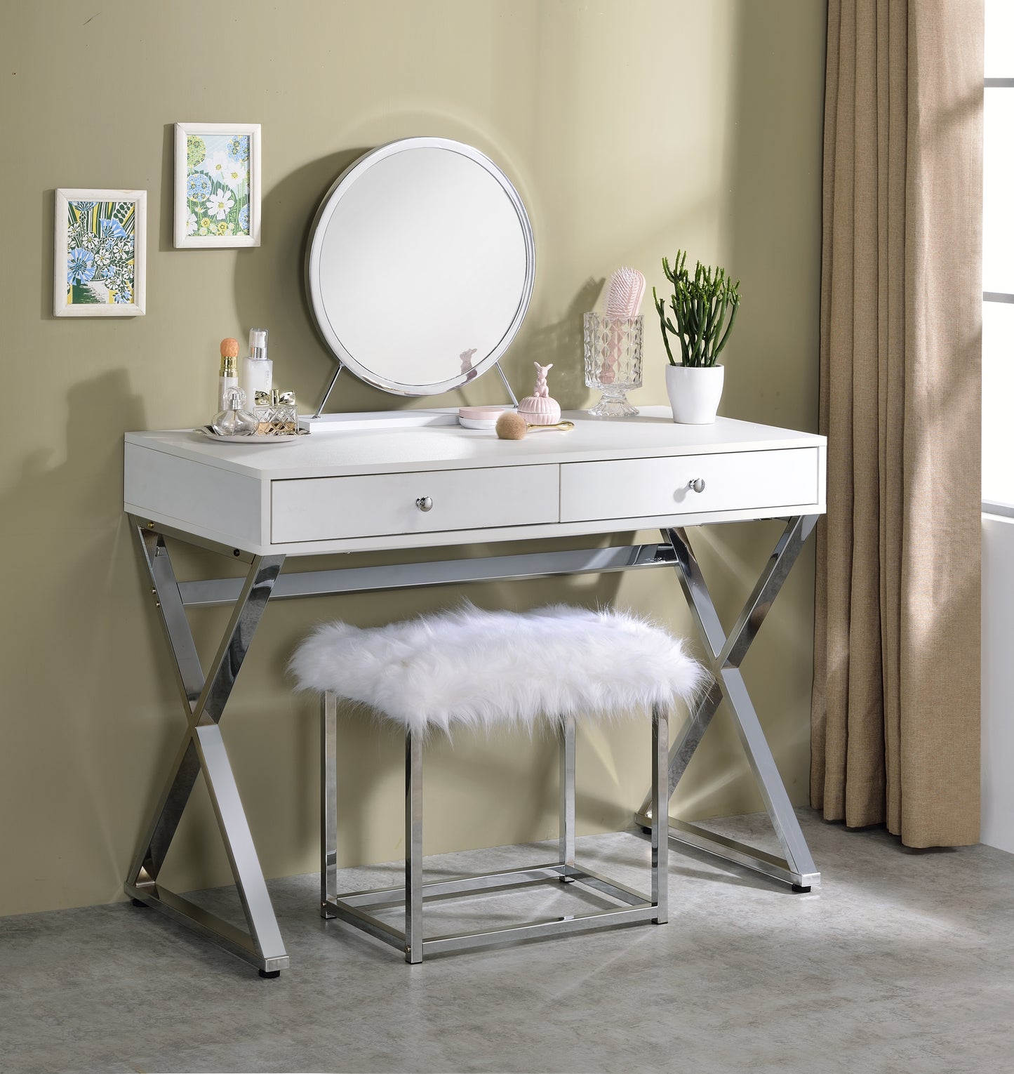 Adao Vanity Mirror & Stool, Faux Fur, Mirror, White & Chrome Finish AC00935