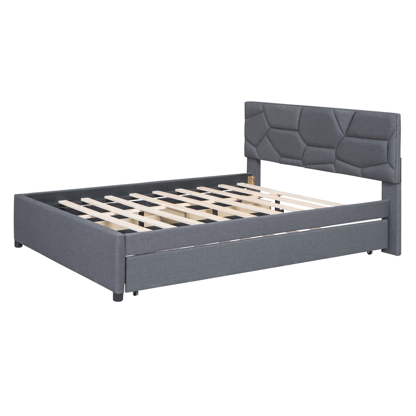 Queen Size Upholstered Platform Bed with Brick Pattern Headboard, with Twin XL Size Trundle and 2 drawers, Linen Fabric, Gray