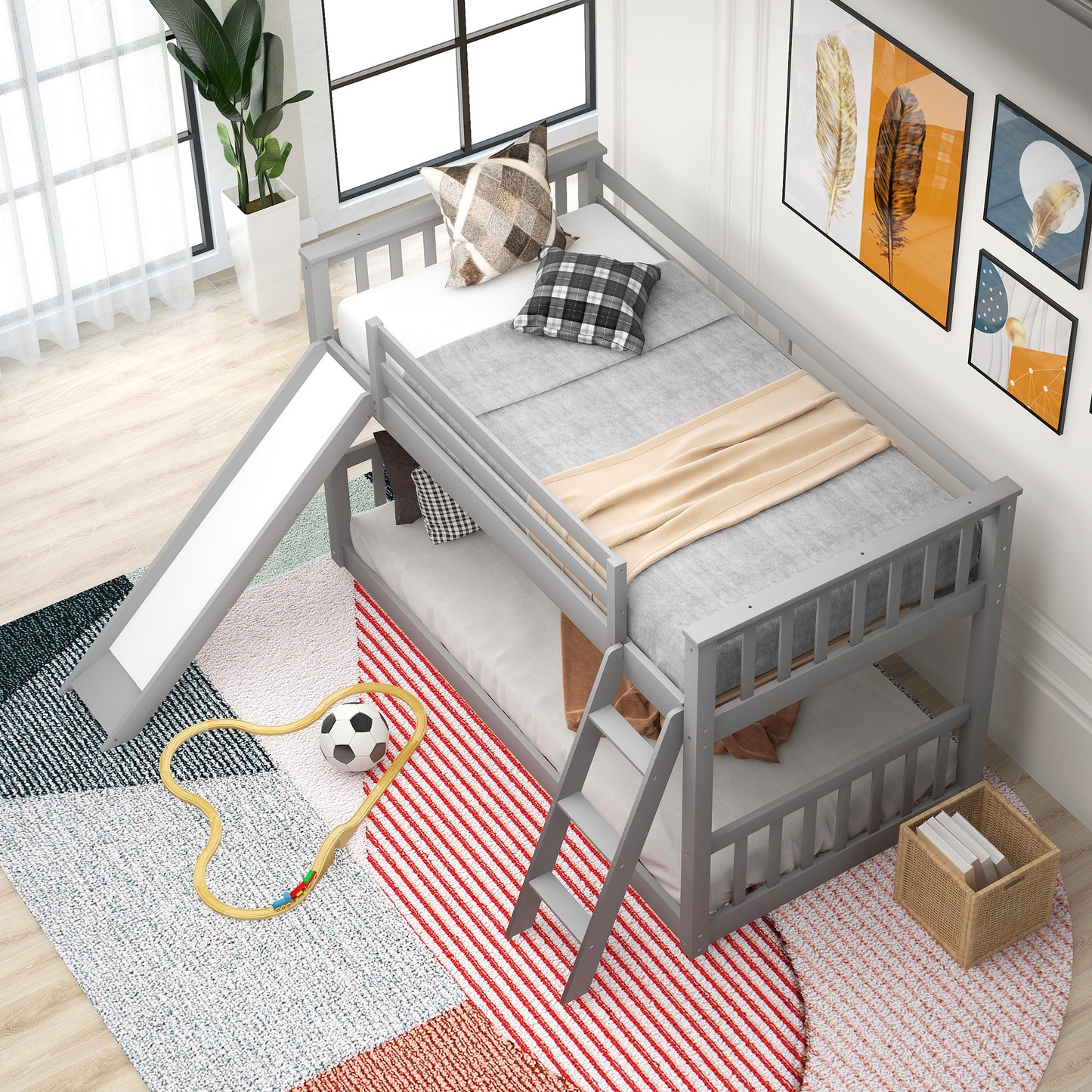 Gray Twin Bunk Bed with Removable Slide and Reversible Ladder