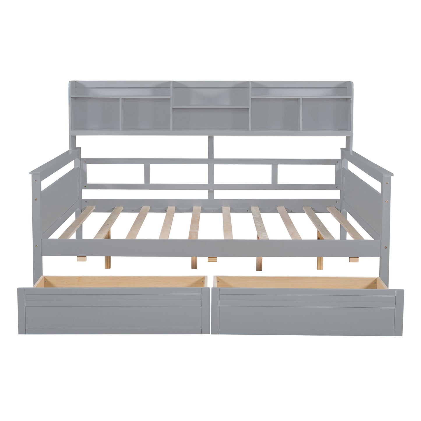 Full size Daybed, Wood Slat Support, with Bedside Shelf and Two Drawers, Gray