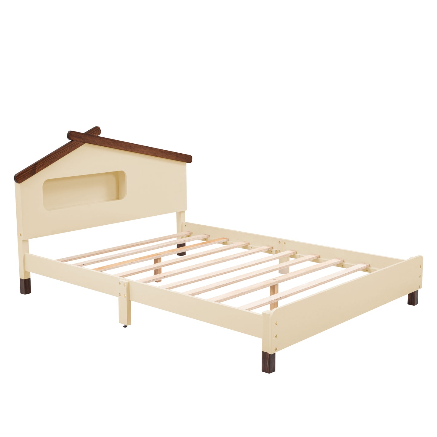 Full Size Wood Platform Bed with House-shaped Headboard and Motion Activated Night Lights (Cream+Walnut)