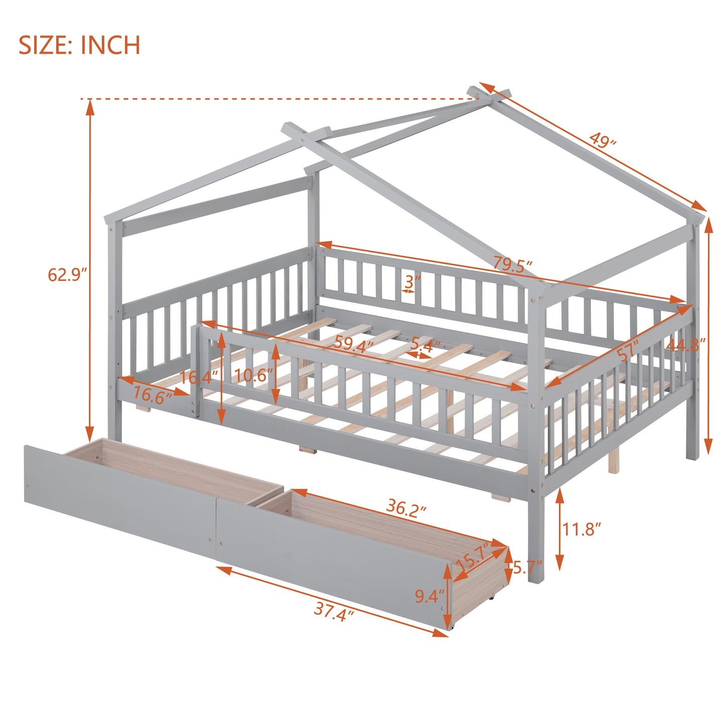 Full Size Wooden House Bed with Two Drawers,Gray