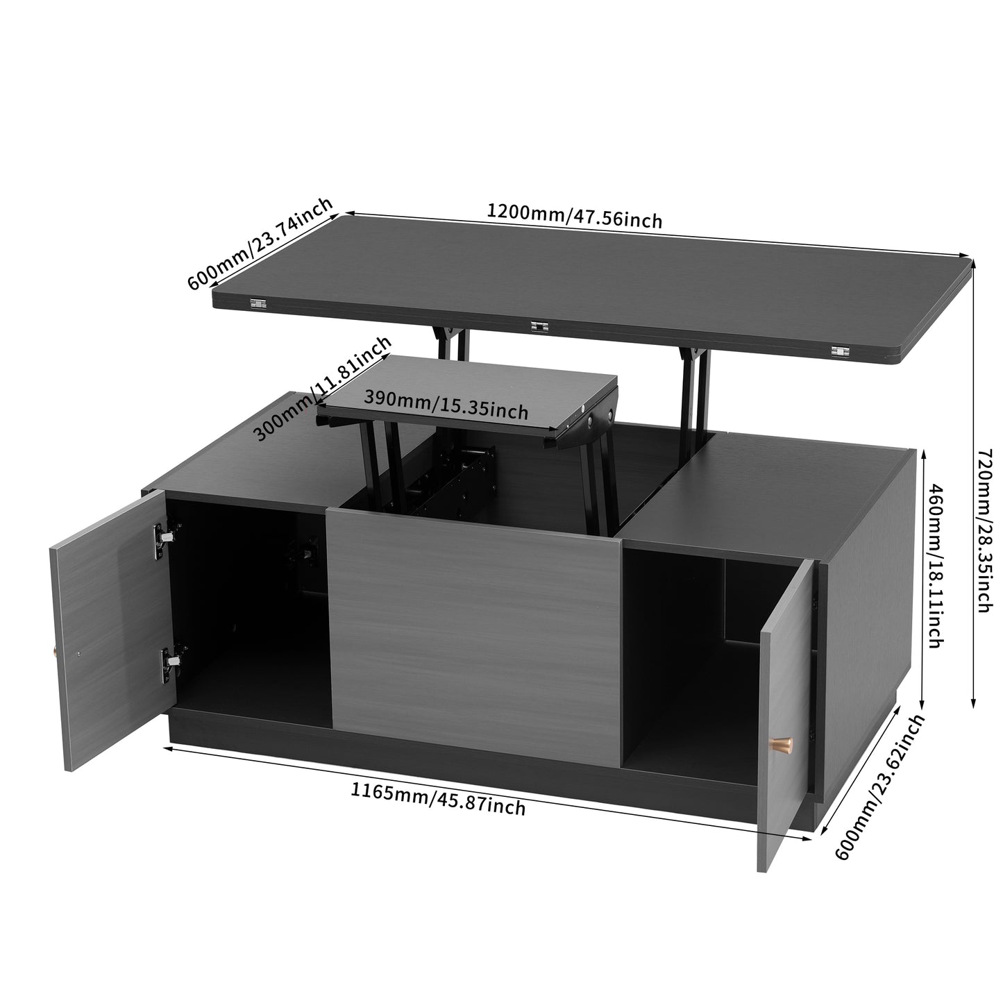 Extendable Lift-Top Coffee Table with Storage in Contemporary Gray