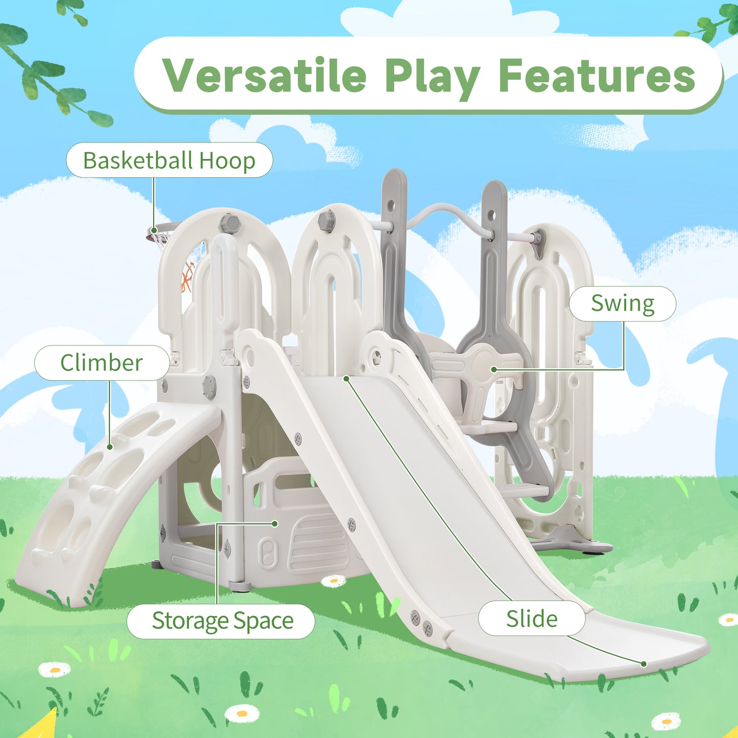 Toddler Slide and Swing Set 5 in 1, Kids Playground Climber Slide Playset with Basketball Hoop Freestanding Combination for Babies Indoor & Outdoor