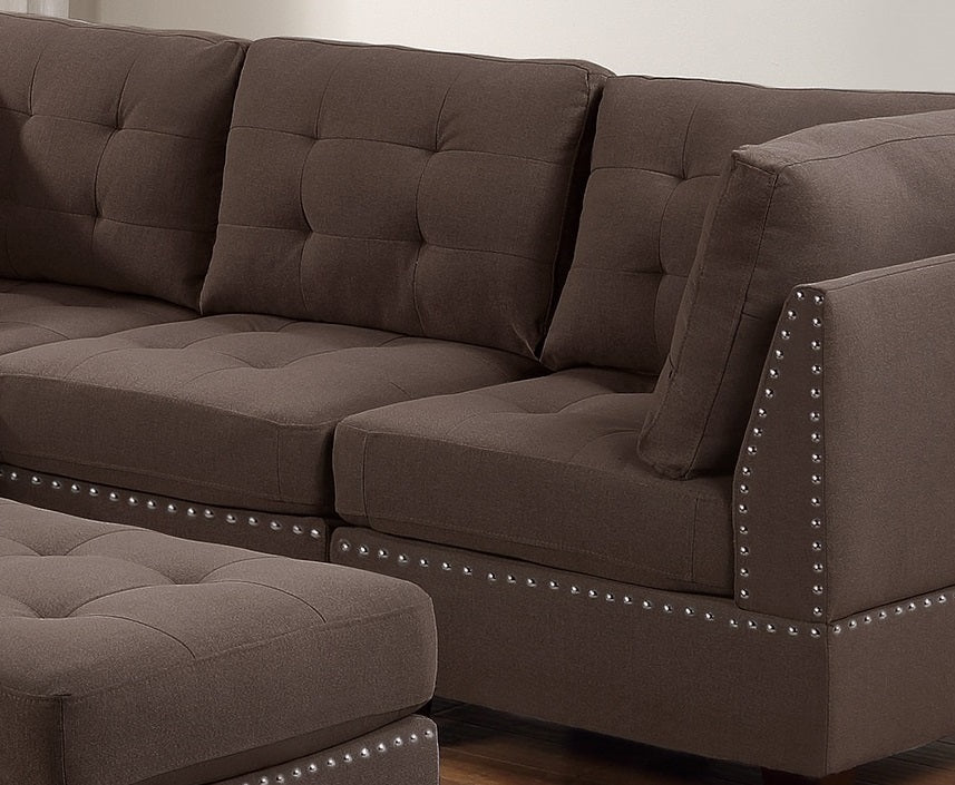 Luxurious Black Coffee Linen Modular Sectional 6-Piece Set with Tufted Nailhead Details