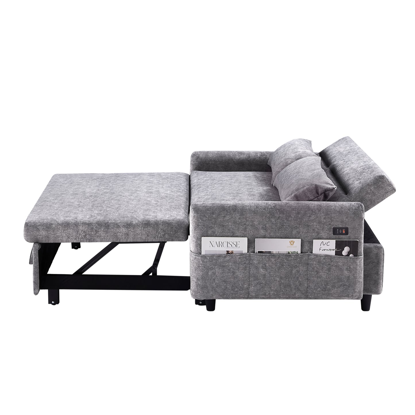 Adjustable Grey Loveseat Sofa Bed with USB Ports and Storage Pockets