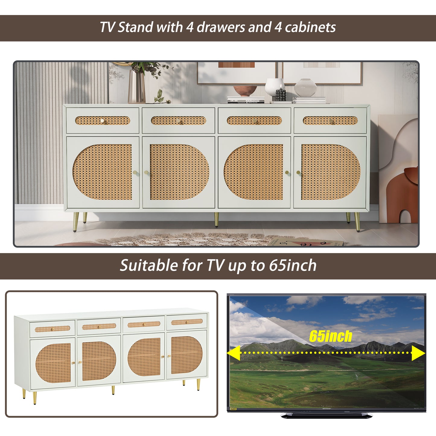 Stylish TV Console Cabinet with Rattan Door for TVs up to 65, Modern Storage Sideboard for Living Room