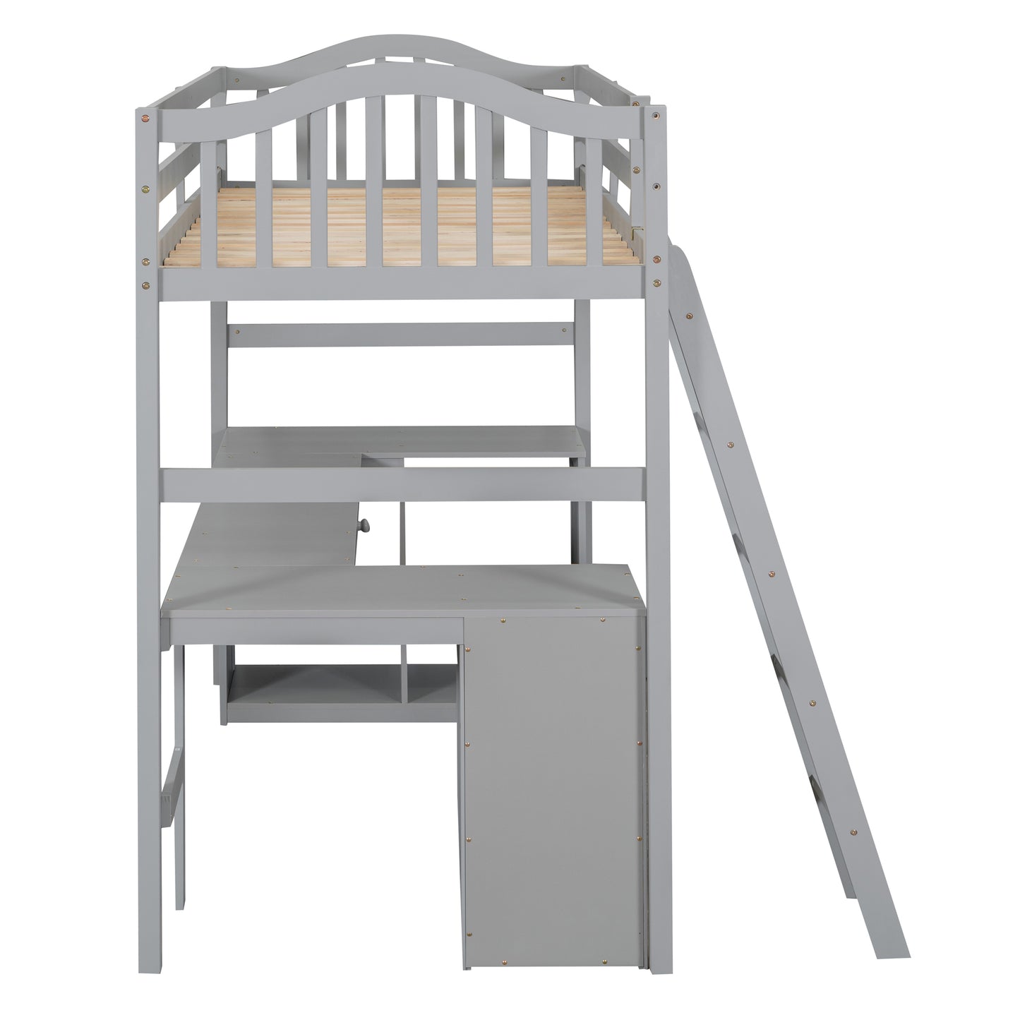 Twin size Loft Bed with Drawers, Cabinet, Shelves and Desk, Wooden Loft Bed with Desk - Gray( :LT000505AAE)