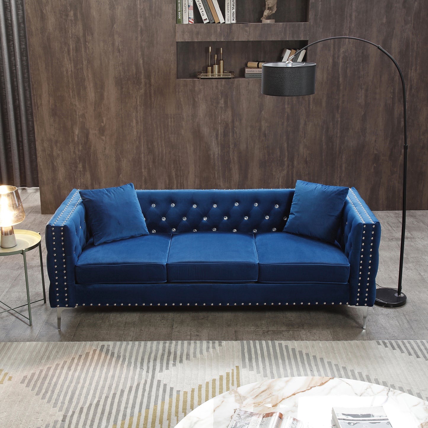 Blue Modern Velvet Sofa with Jeweled Buttons and Tufted Square Arms, 2 Pillows Included