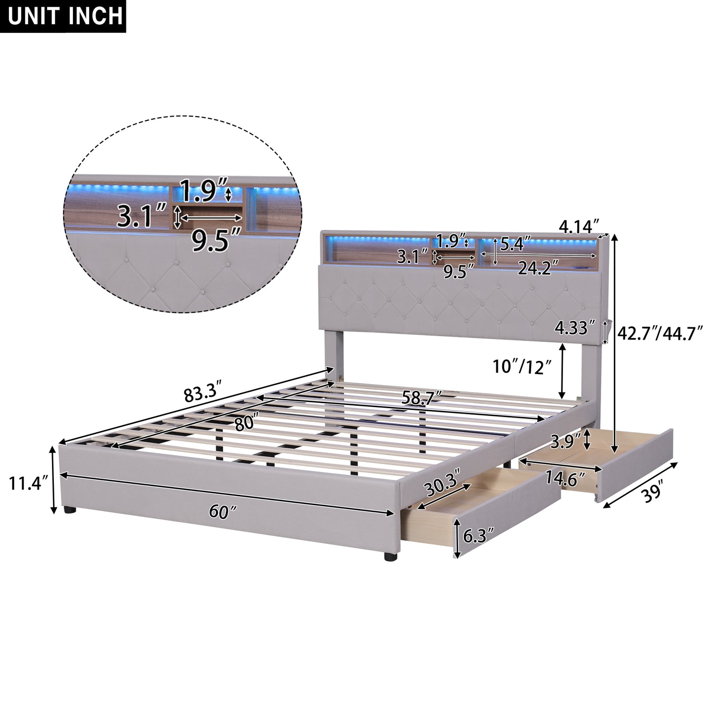 Queen Size Upholstered Platform Bed with Storage Headboard, LED, USB Charging and 2 Drawers, Beige