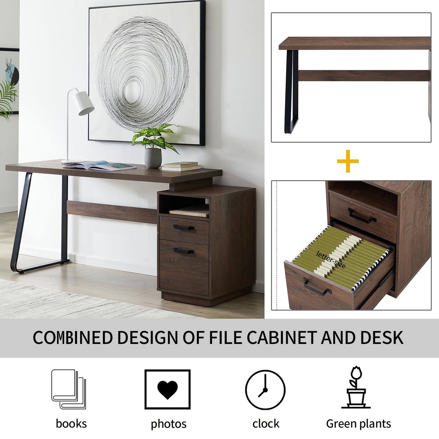 65-Inch Brown Writing Desk with File Cabinet and Drawer Storage