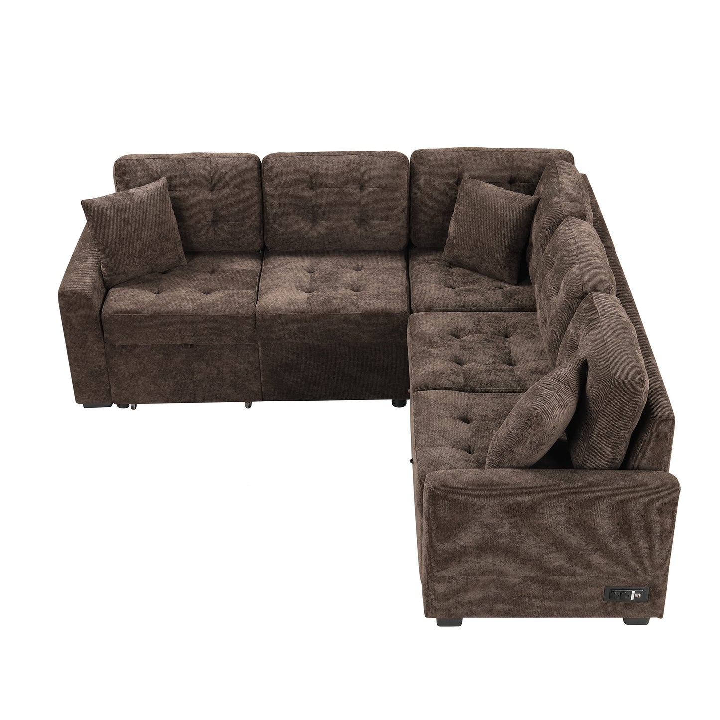 Convertible L-Shape Sleeper Sofa with USB Ports and Power Sockets, Brown