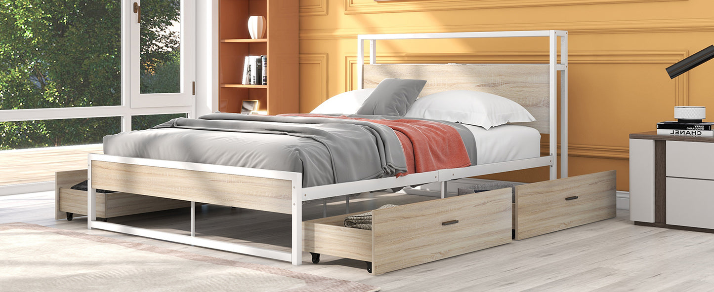 Queen Size Metal Platform Bed Frame with Four Drawers,Sockets and USB Ports ,Slat Support No Box Spring Needed White