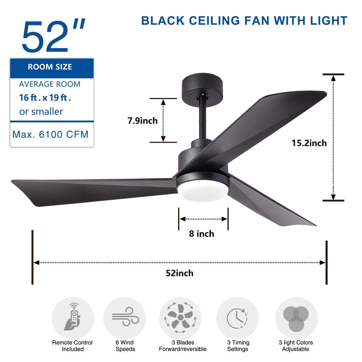 52 Black Ceiling Fan with Dimmable LED Light and Remote Control - Indoor/Outdoor