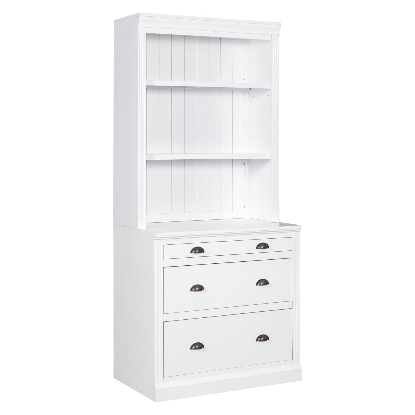 Modern White 83.4 Bookshelf and Writing Desk Suite with LED Lighting and Drawers