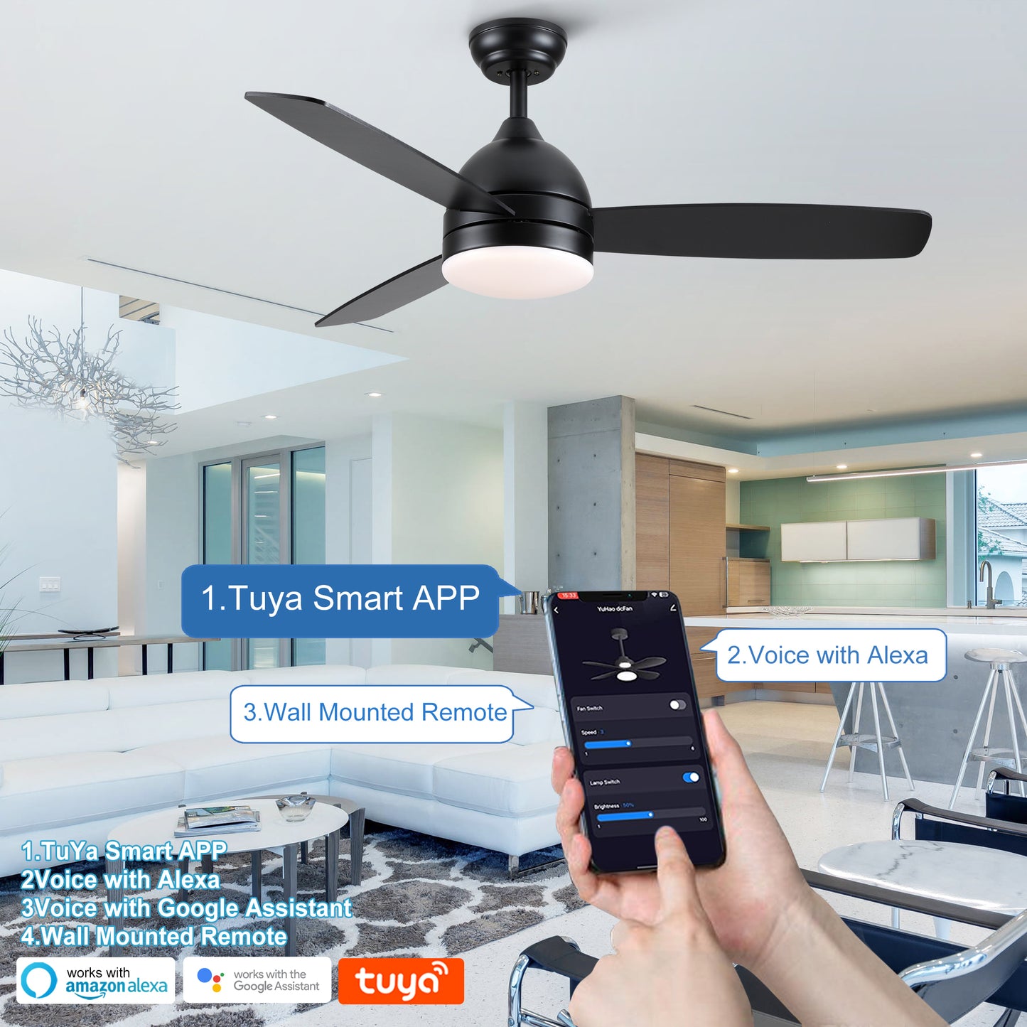 48-inch Smart Black Ceiling Fan with Remote Control, LED Light, and Plywood Blades