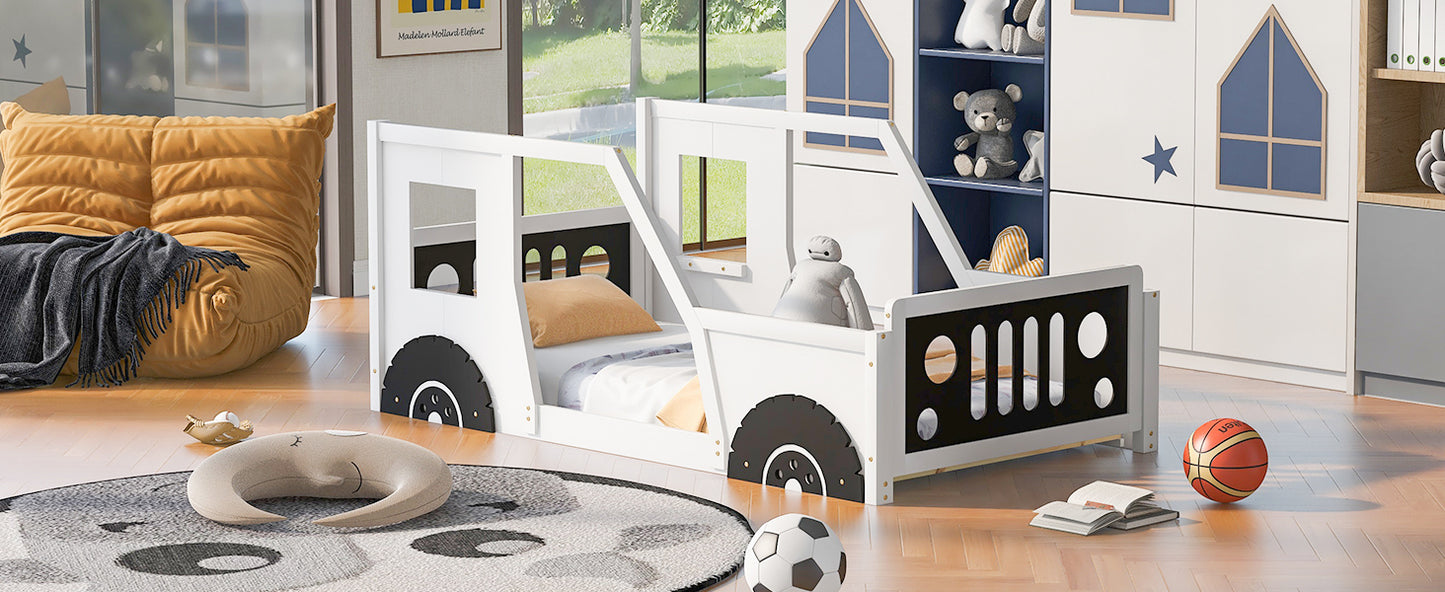 Twin Size Classic Car-Shaped Platform Bed with Wheels,White