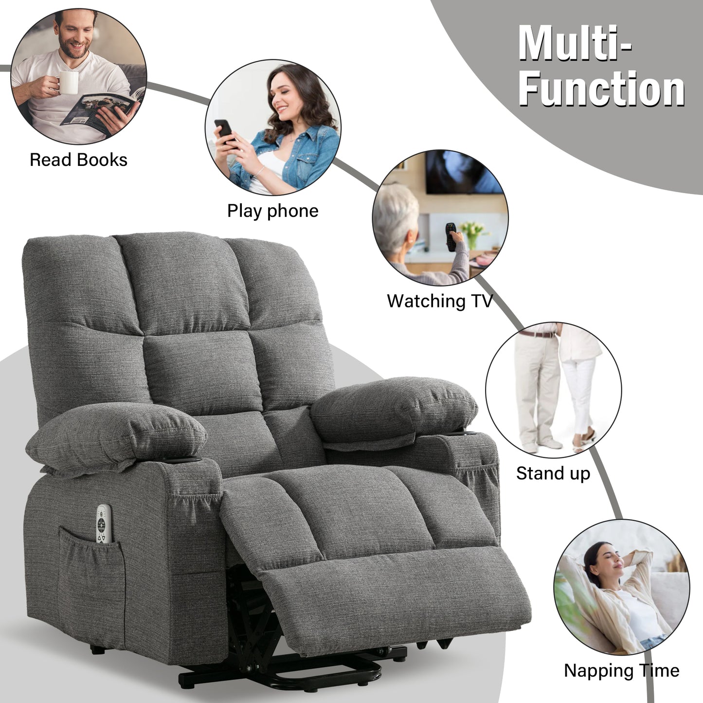 Comfortable Smoke Grey Power Lift Recliner Chair for the Elderly with Heat and Massage