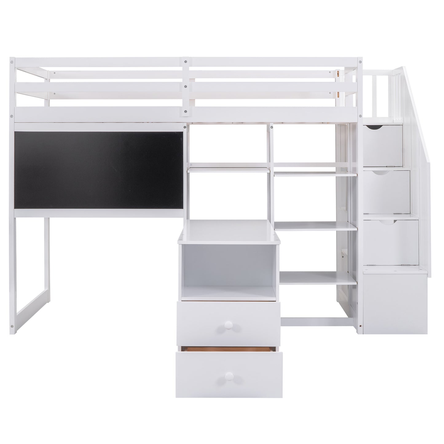 Twin Size Loft Bed with Pullable Desk and Storage Shelves,Staircase and Blackboard,White