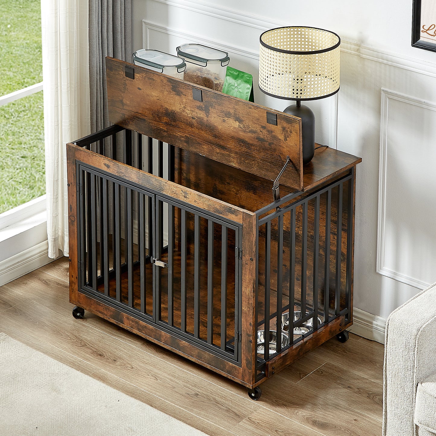 Furniture Style Dog Crate Side Table With Feeding Bowl, Wheels, Three Doors, Flip-Up Top Opening. Indoor, Rustic Brown, 38.58"W x 25.2"D x 27.17"H