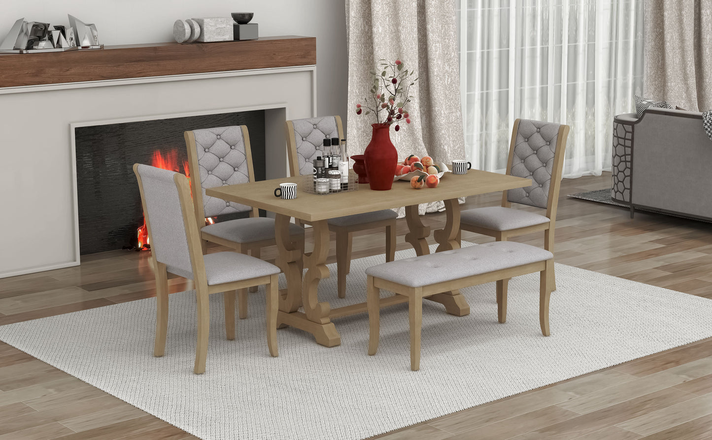 TREXM 6-Piece Retro Dining Set with Unique-designed Table Legs and Foam-covered Seat Backs&Cushions for Dining Room (Grey Wash)