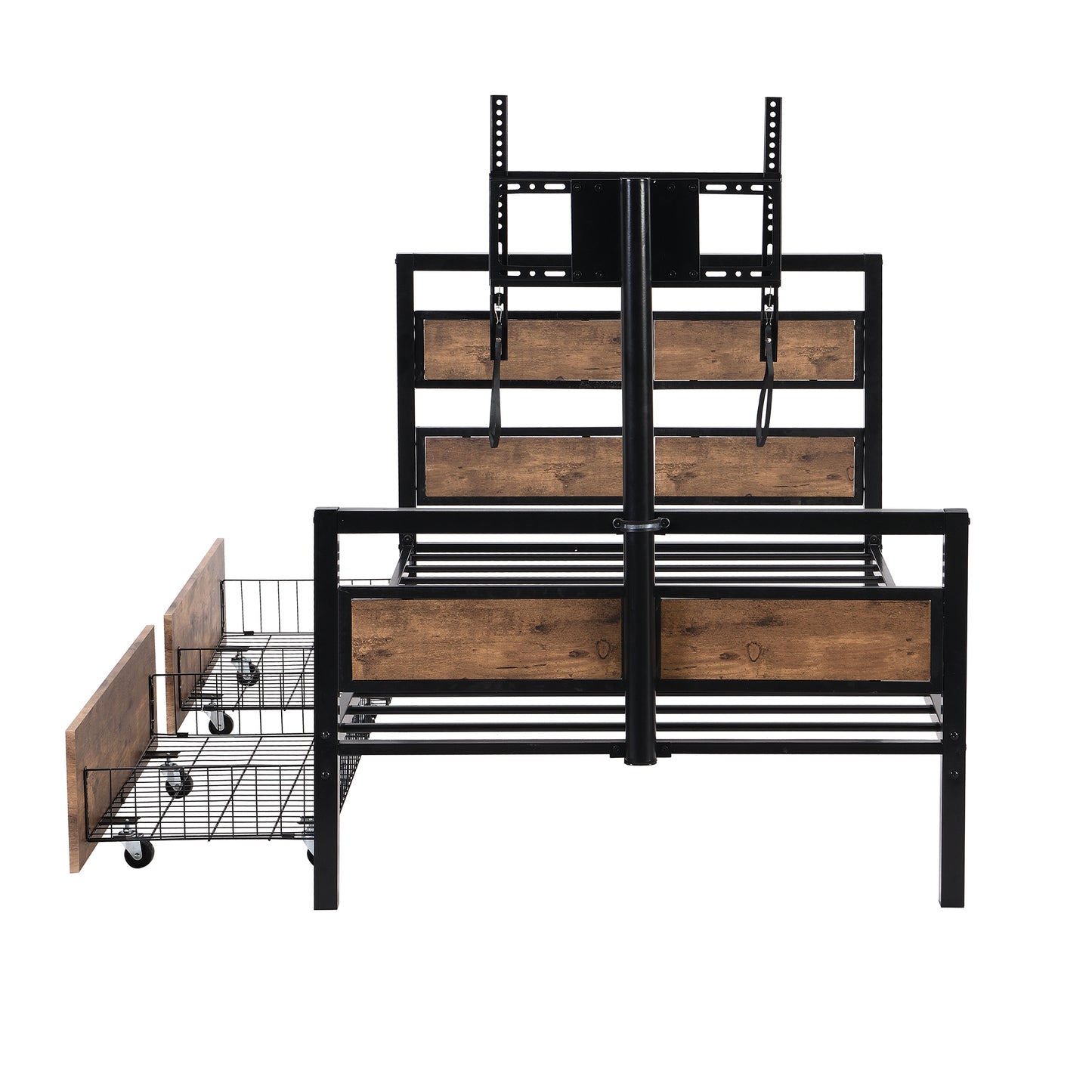 Metal Twin Size Bed with TV Stand, Storage Drawers, and Black Finish