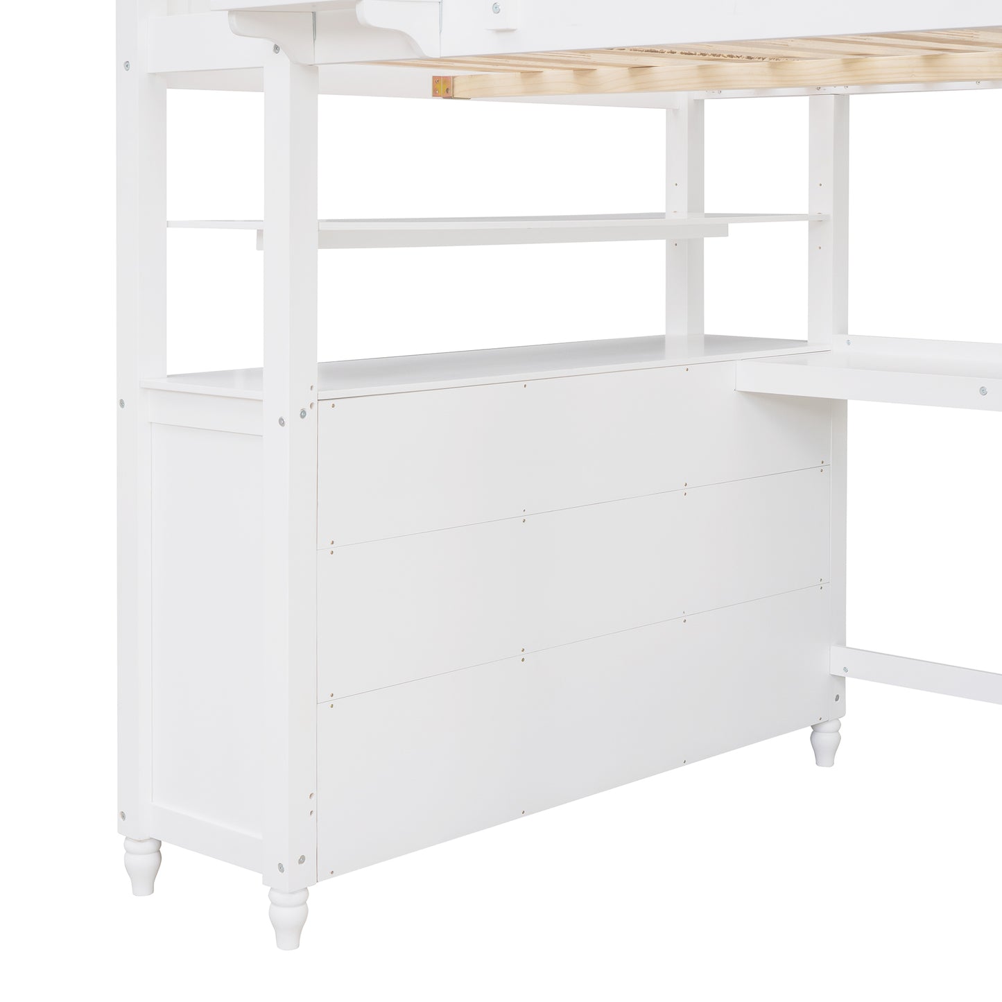 Full size Loft Bed with Drawers and Desk, Wooden Loft Bed with Shelves - White