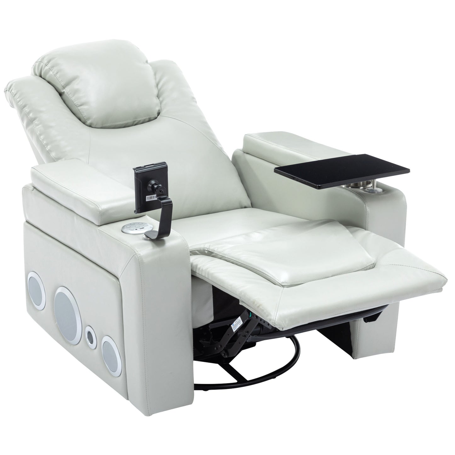 Luxurious Grey PU Leather Power Recliner with Surround Sound and Storage.