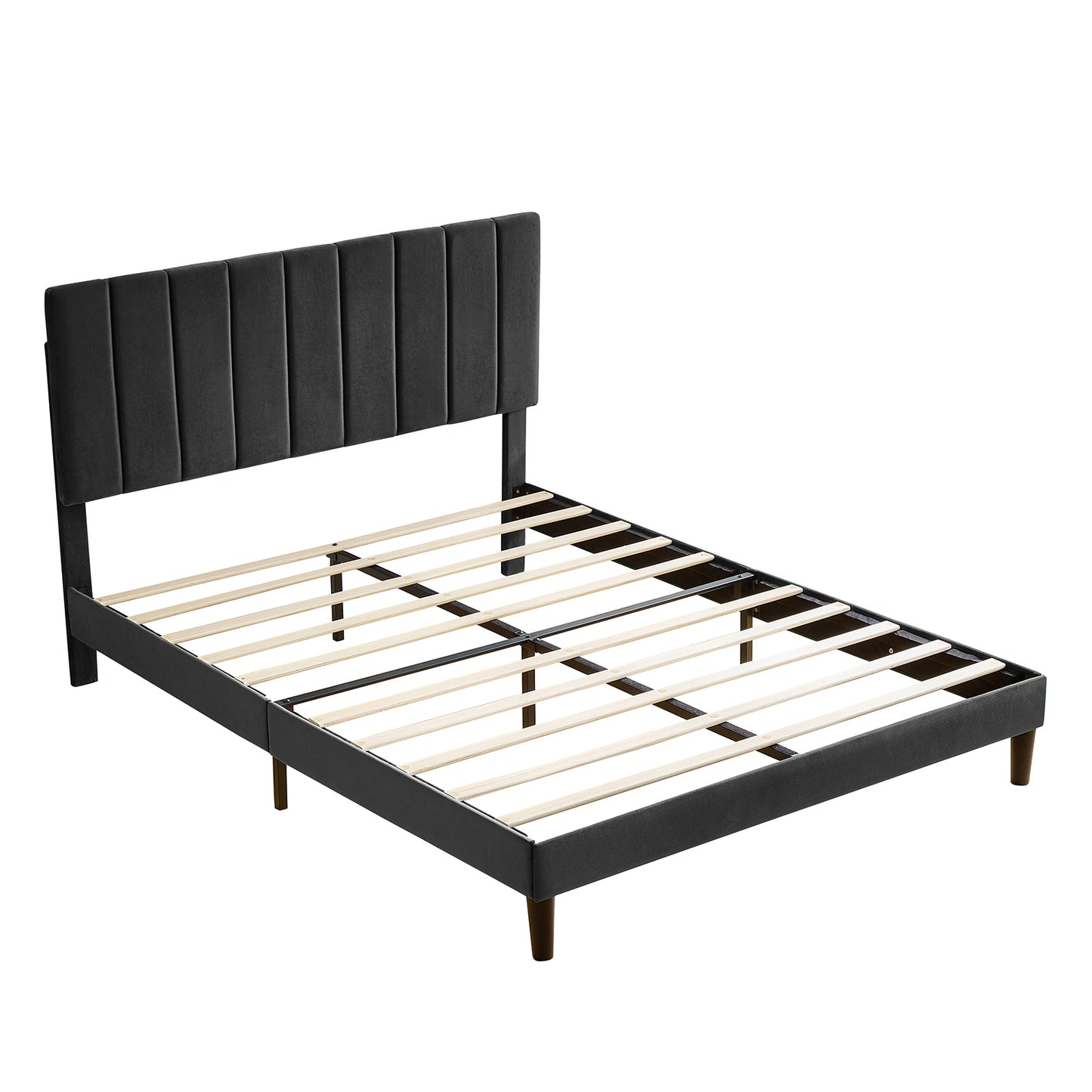 Queen Size Platform Bed with Upholstered Headboard and Slat Support, Heavy Duty Mattress Foundation, No Box Spring Required, Easy to Assemble, Black