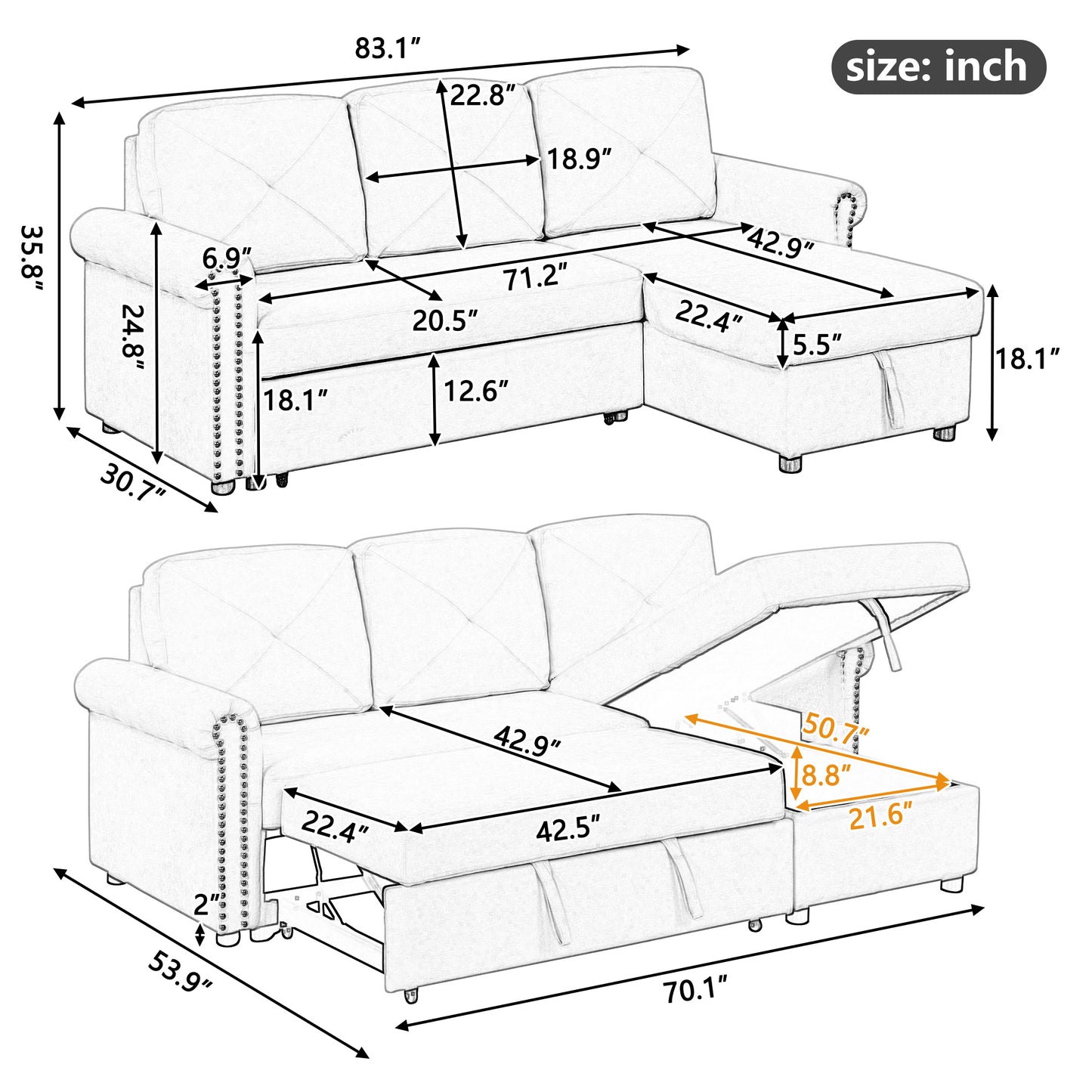 Modern 83-Inch Sleeper Sofa Bed with Chaise and Storage, Gray