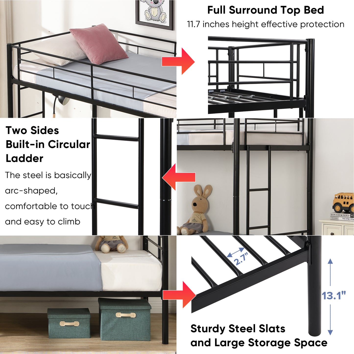 Convertible Twin Over Twin Metal Bunk Bed with 2 Ladders, Guardrail, and Storage Space in Black