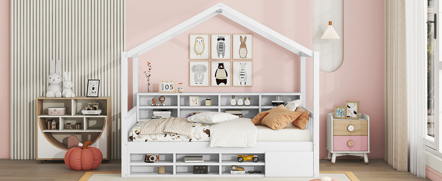 Twin Size Wooden House Bed with Shelves and a Mini-cabinet, White