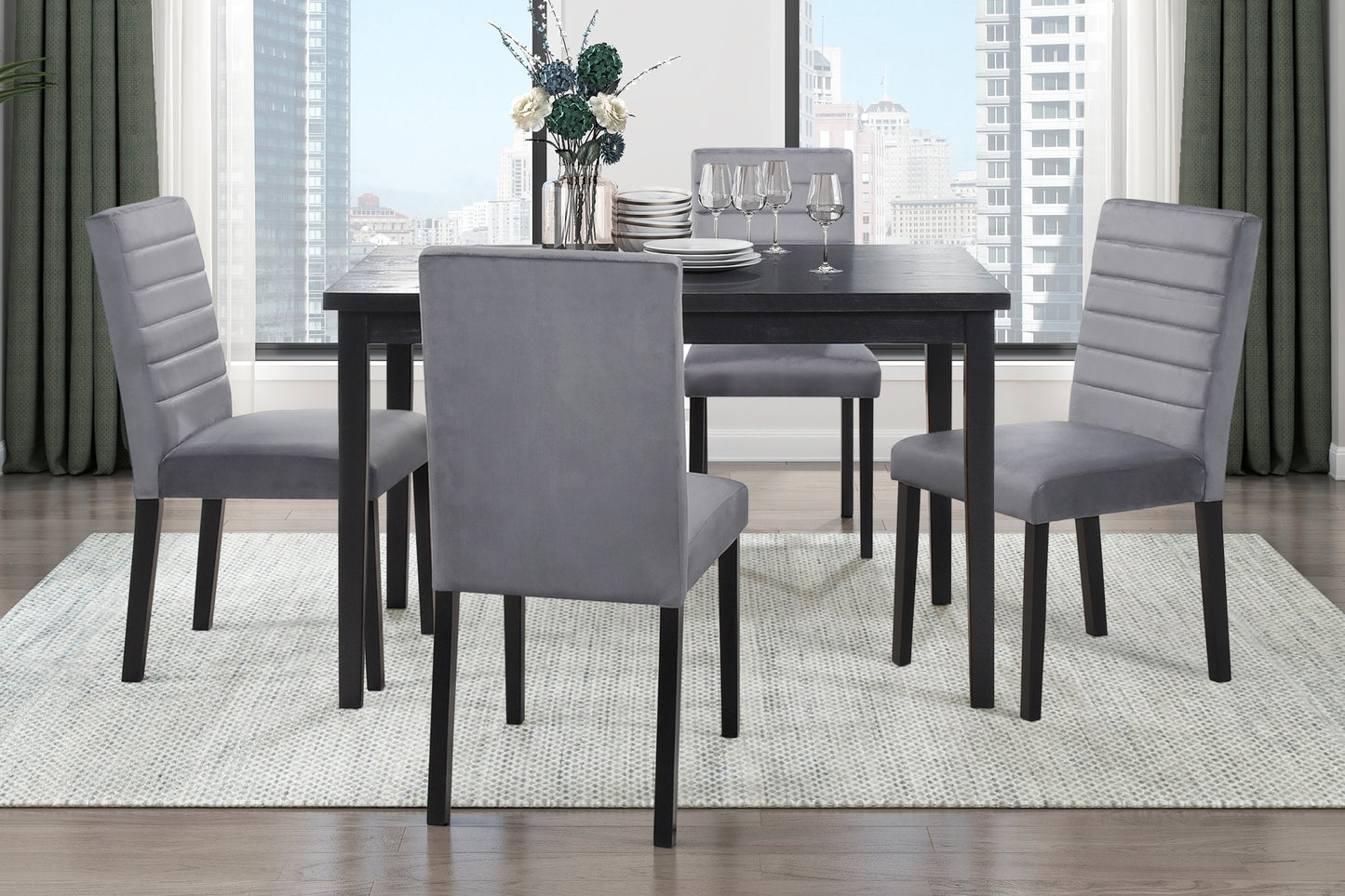 5pc Dining Set Black Finish Dining Table and 4x Gray Velvet Side Chairs Casual Style Wooden Furniture Dining Room Furniture