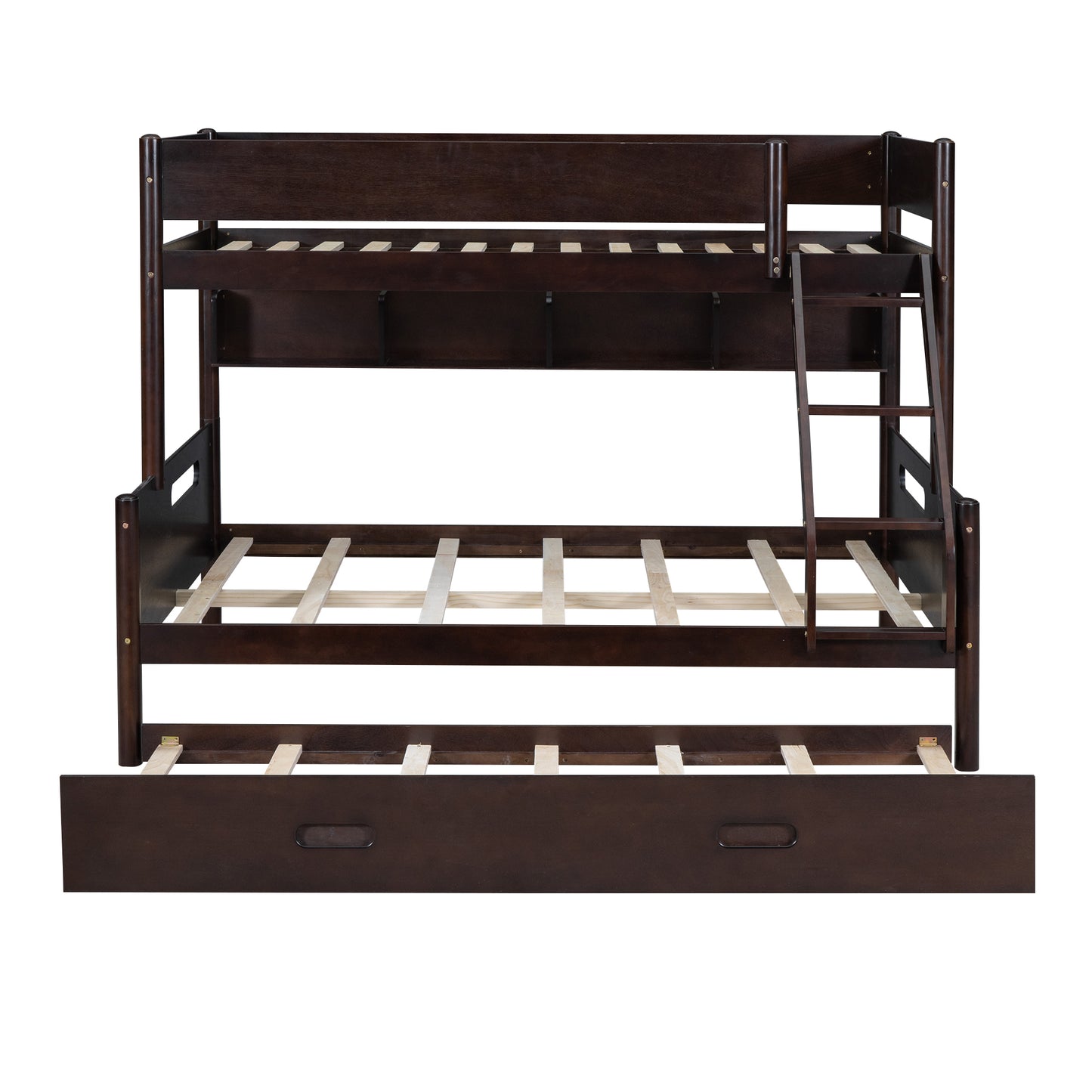 Espresso Wood Bunk Bed with Twin Over Full, Storage Shelves, Trundle, and Sturdy Construction