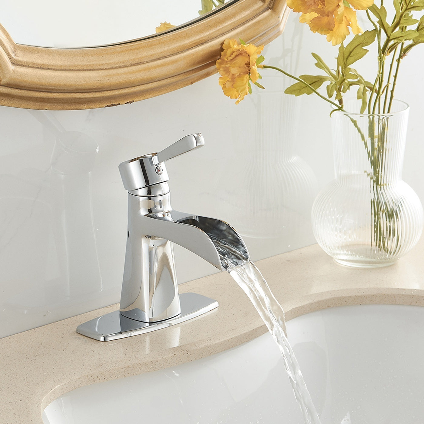 Chrome Waterfall Bathroom Sink Faucet with Single-Handle Low-Arc Design and Pop-up Drain