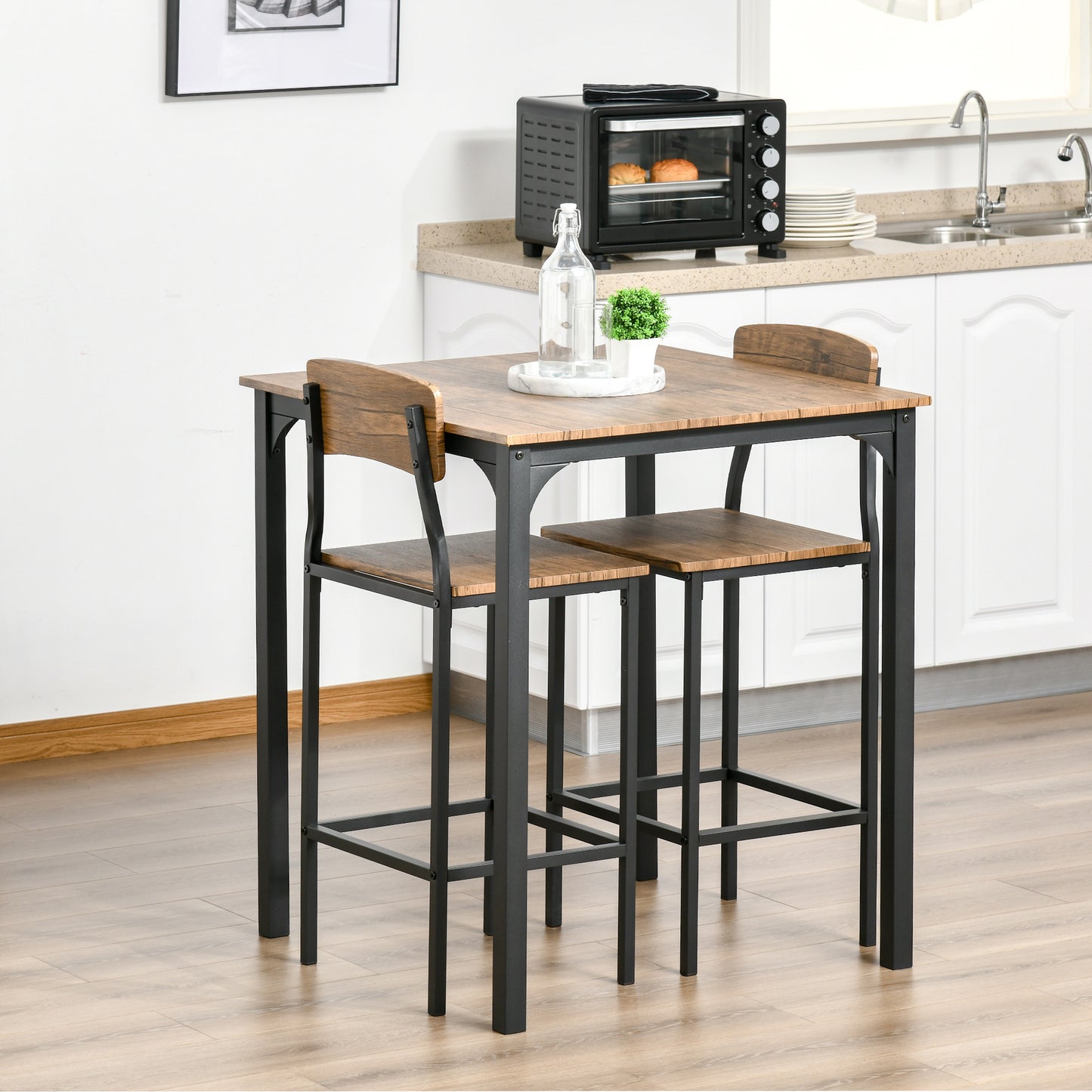 3 Piece Bar Table Set, Industrial Counter Height Dining Table Set, Bar Table & Chairs with Steel Legs & Footrests, Black