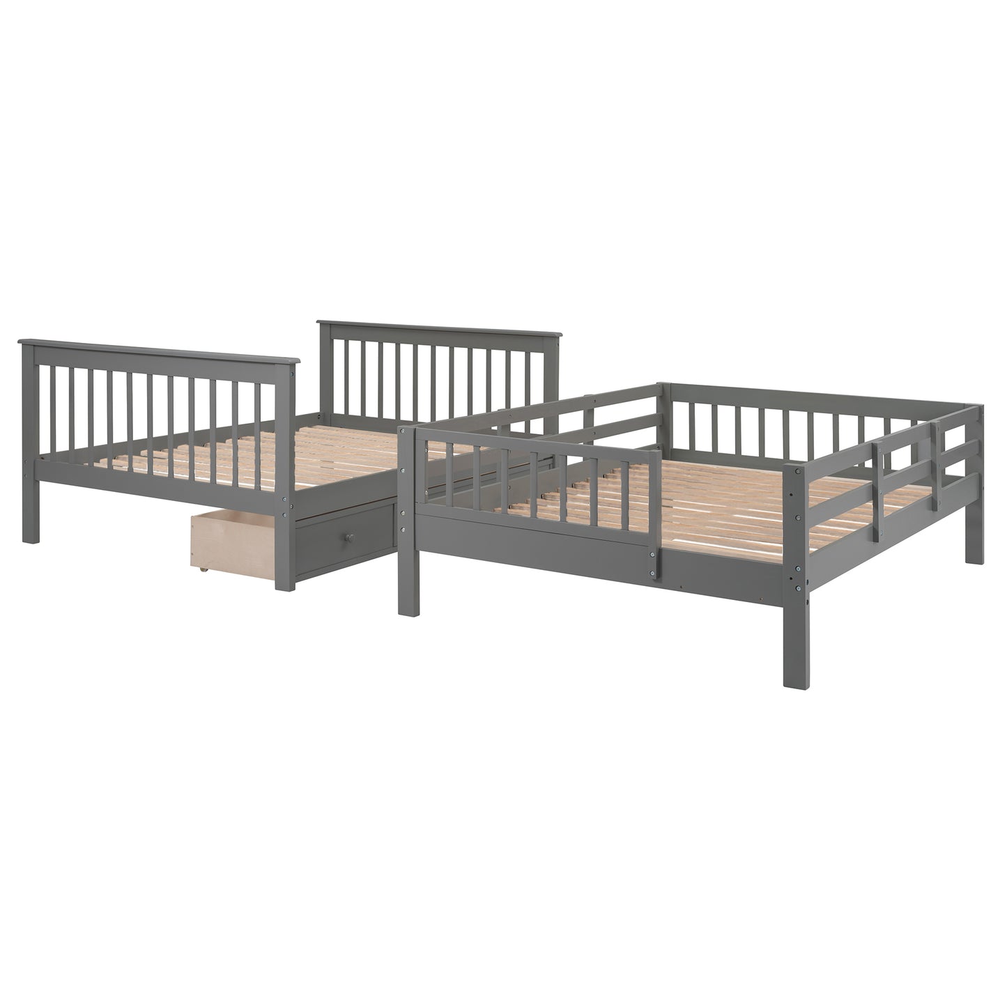 Gray Full-Over-Full Bunk Bed with Staircase, Drawer, and Storage