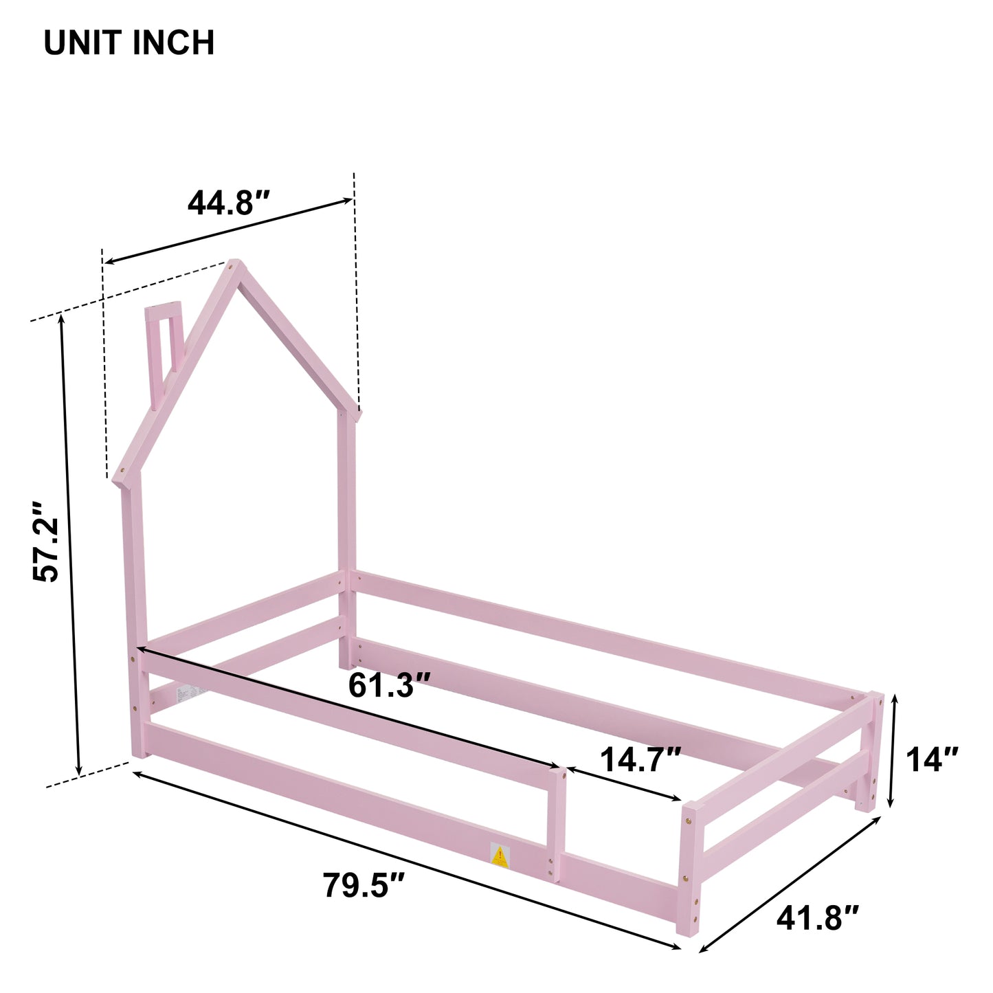 Twin Size Wood bed with House-shaped Headboard Floor bed with Fences,Pink